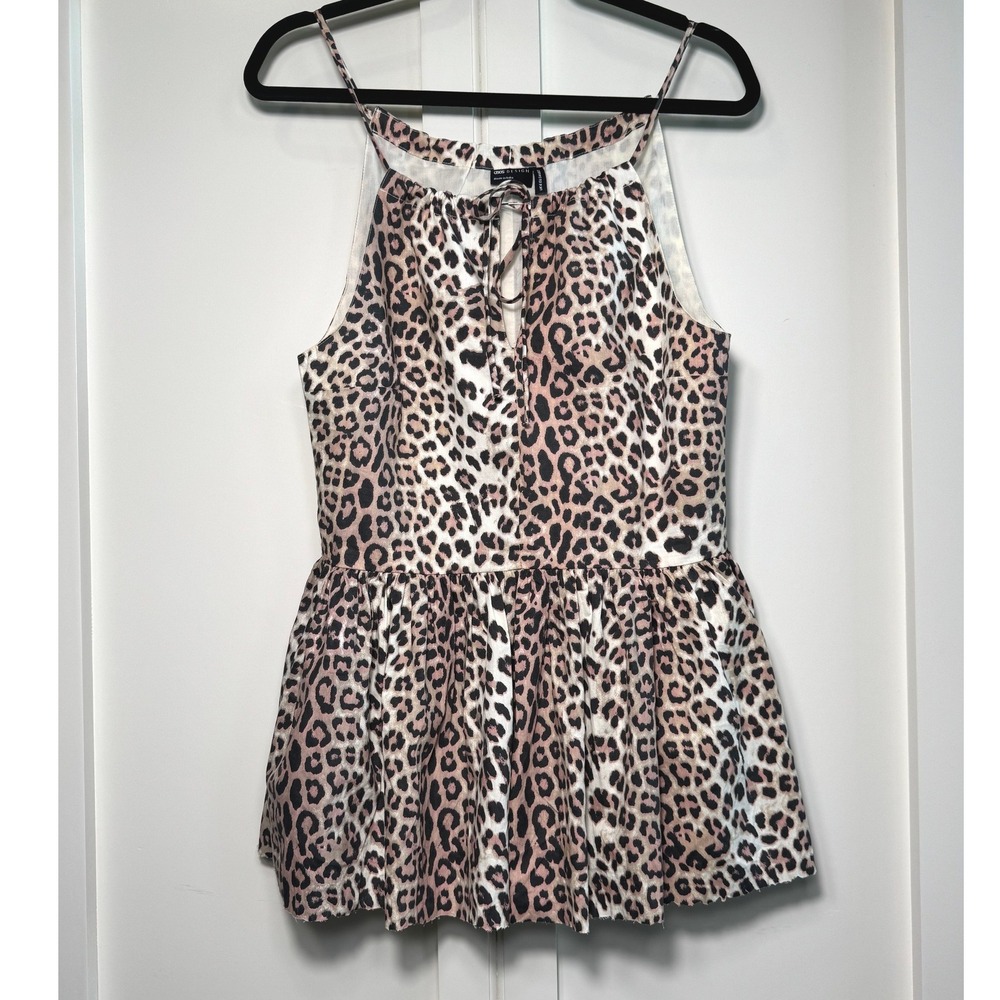 ASOS DESIGN Leopard Print Peplum Cami Top Pink Tan‎ Cotton Keyhole Tie US 2